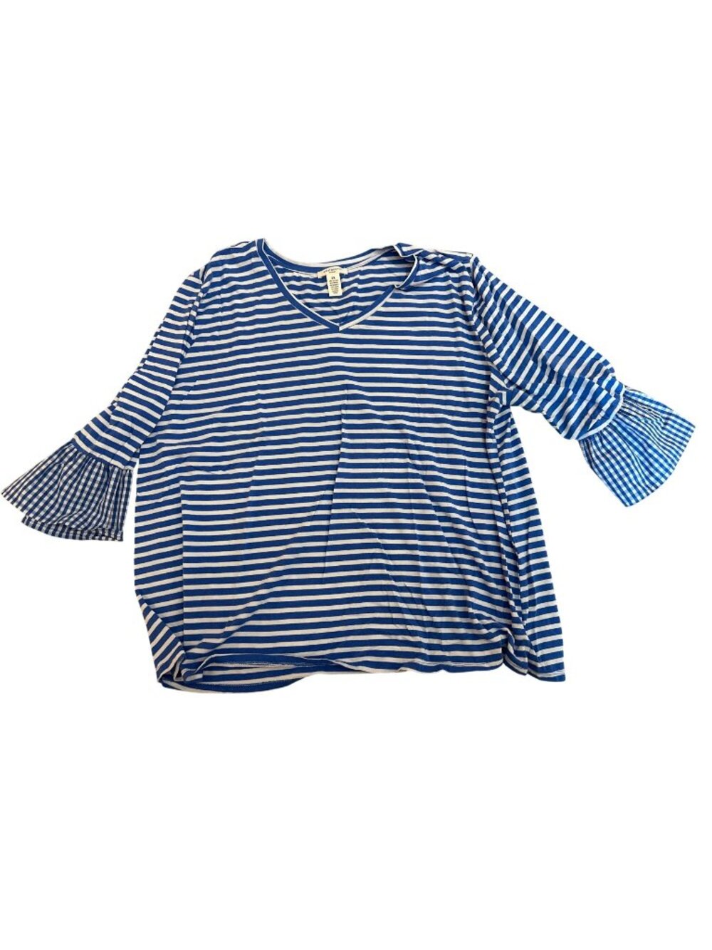 Westbound Womens Top Blouse 2X Blue & White Striped V-Neck Ruffled Bell Sleeves